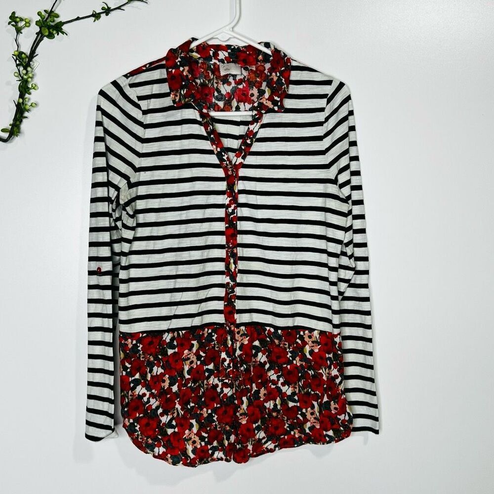 Postmark Anthropologie Black White Stripe Red Poppy Floral Layered Top Blouse Bu